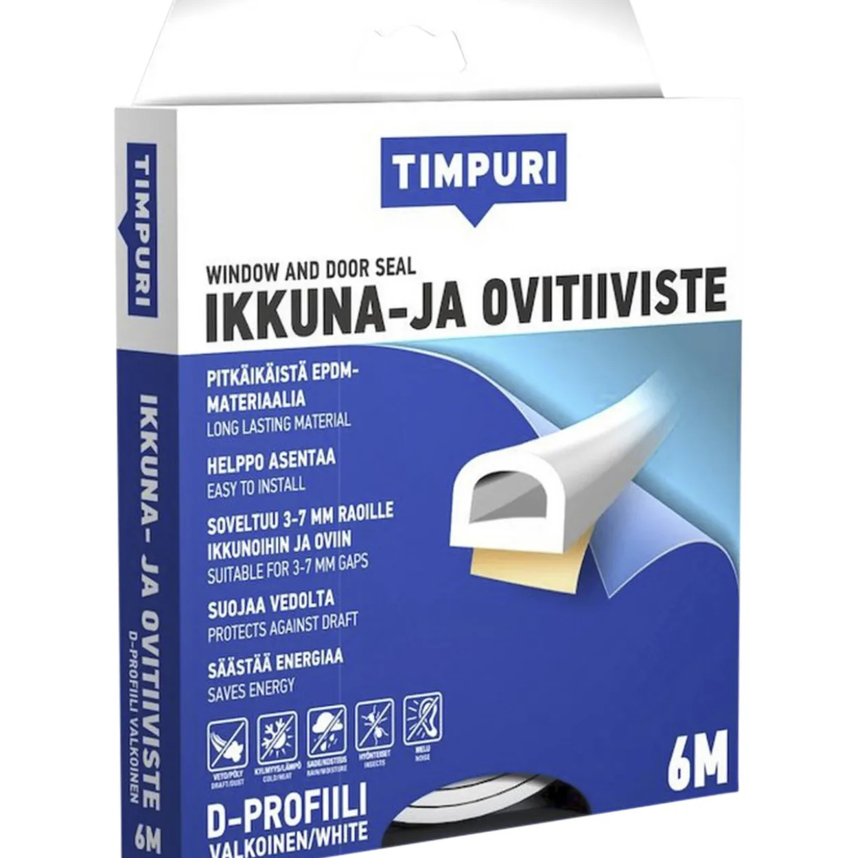 Ikkuna- ja ovitiiviste D-profiili, 6 m valkoinen