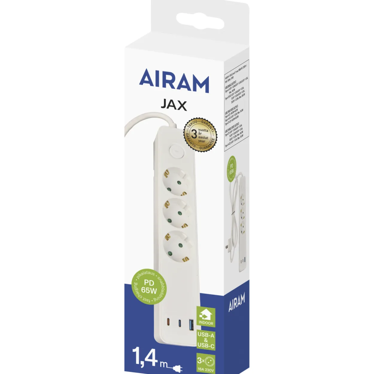 Jatkojohto Airam Jax 3-os+3USB 65 W 1,4 m valkoinen