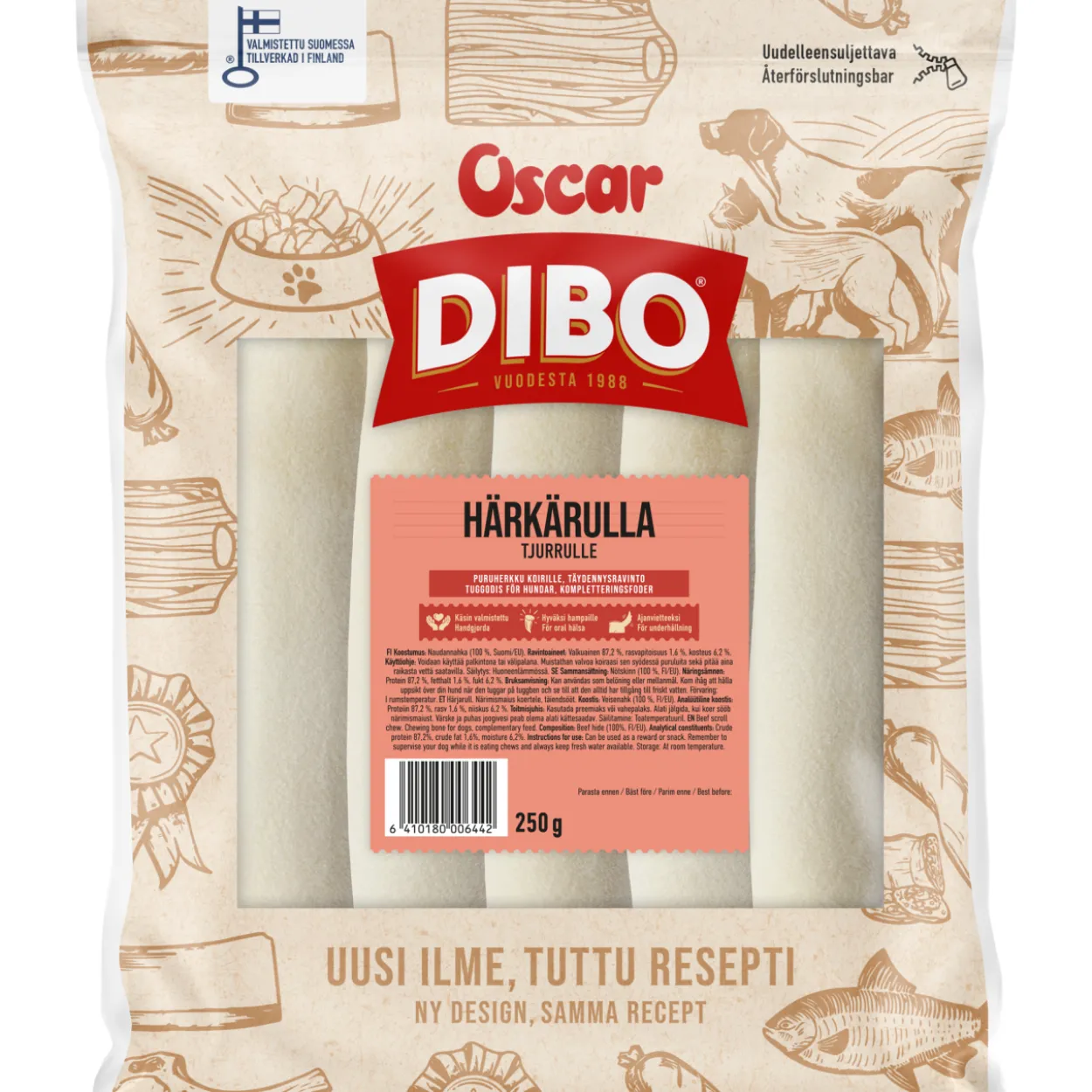 Koiran puruherkku Dibo 5 kpl 250 g härkärulla säästöpakkaus