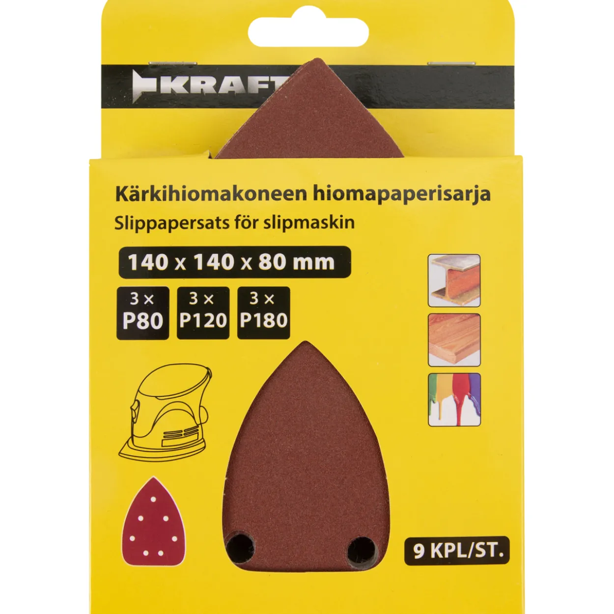 Kärkihiomakoneen hiomapaperisarja Kraft 9-osainen, 7 pölynpoistoreiällä