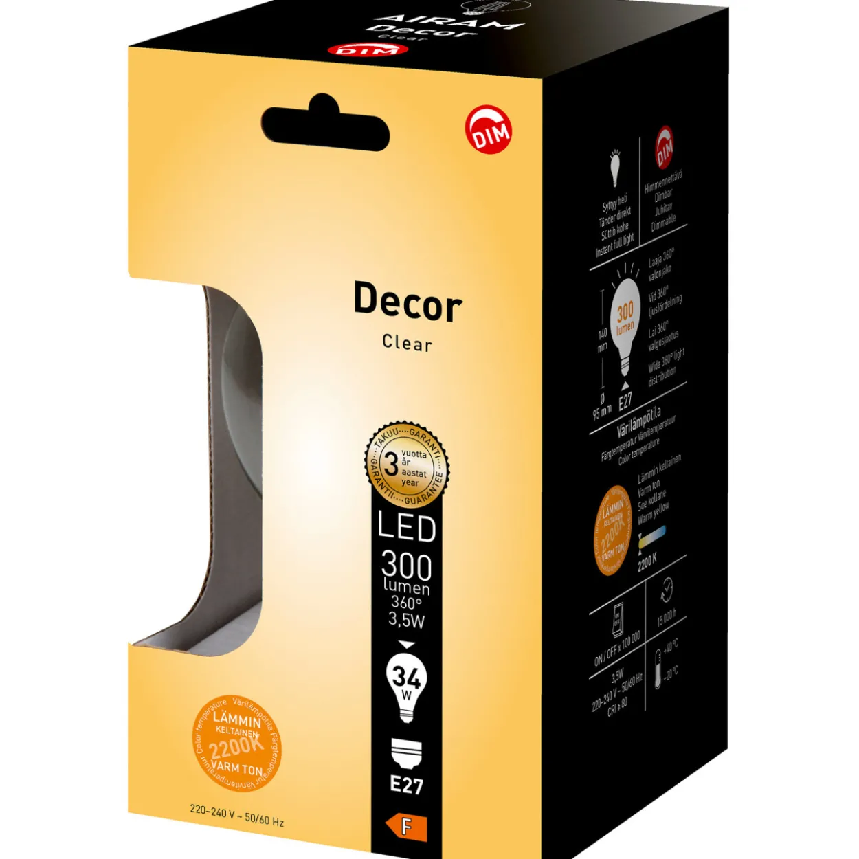 LED-lamppu Airam DECFG G95 822 300lm E27 FIL DIM