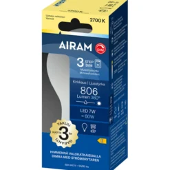 LED-lamppu Airam Onni 3-step opaali 360° vakiokupu E27 2700K 806lm