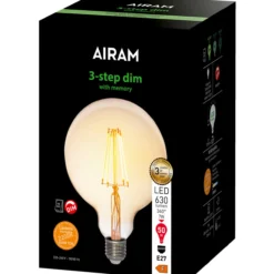 LED-lamppu Airam 3-step amber filamentti globe-125 E27 2200K 630lm