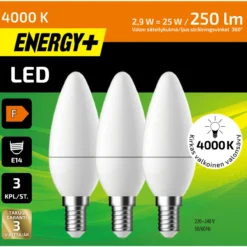 LED-lamppu 250 lm 4000 K C35 E14, 3 kpl