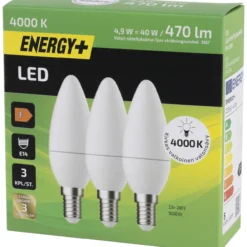 LED-lamppu 470 lm 4000 K C35 E14, 3 kpl