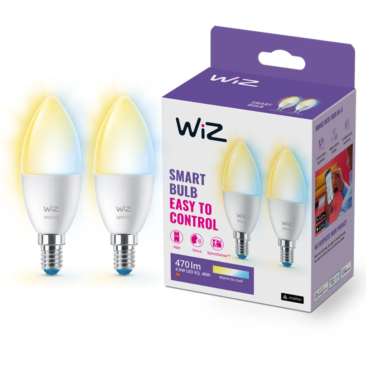 LED-älylamppu Wiz 2PK WHITE 2700-6500K 470lm Wi-Fi C37 E14