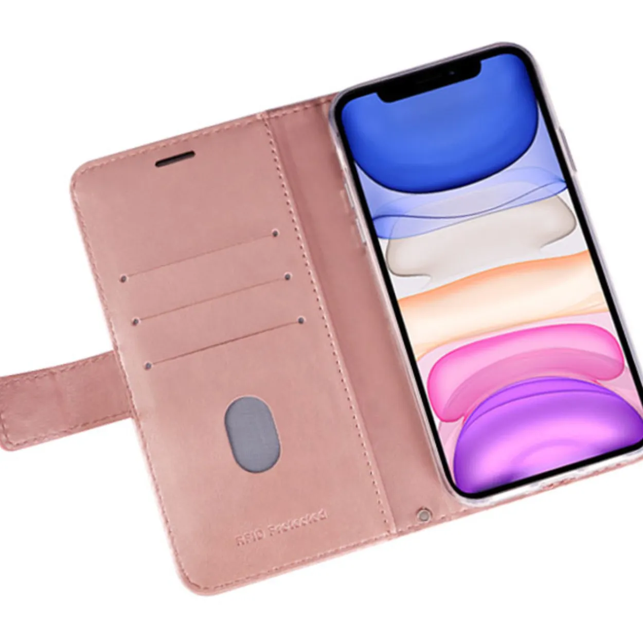 Lompakkolaukku Mobia iPhone 15 ruusukulta