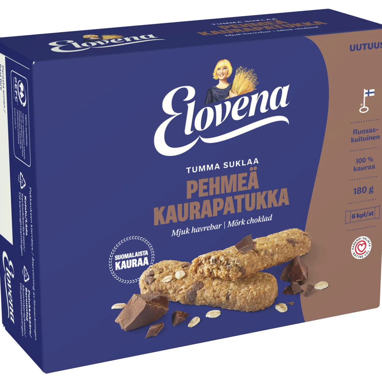 Pehmeä kaurapatukka Elovena 6 x 30 g Tumma suklaa