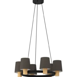 Riippuvalaisin 6-os pyöreä EGLO Edale 6x40W Ø70cm musta/cappuccino/puu