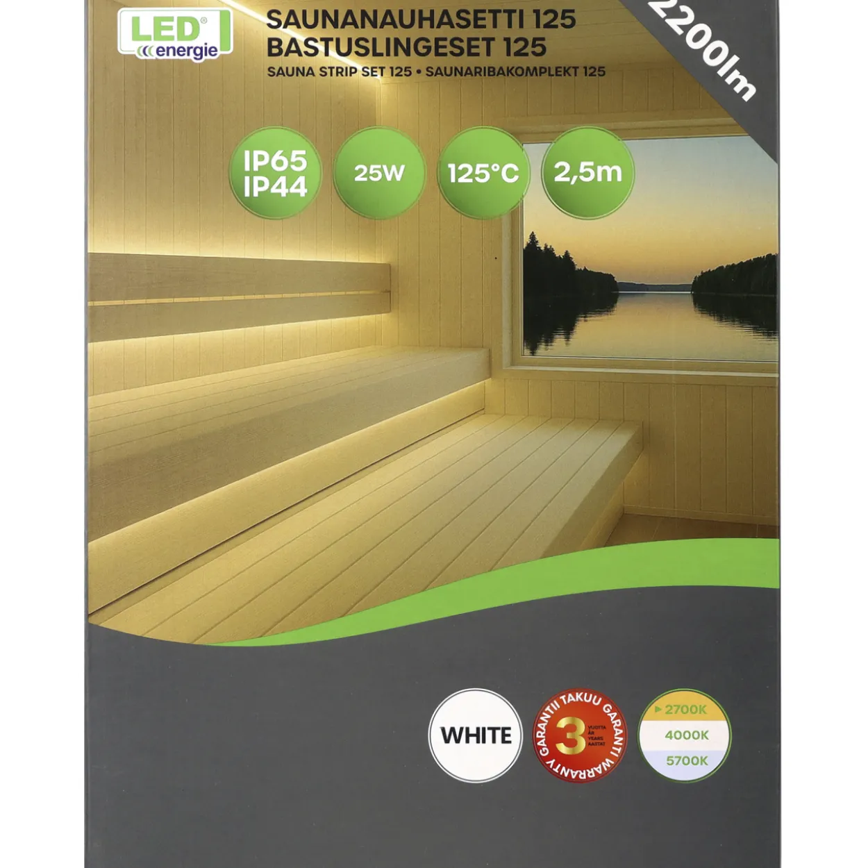 Saunanauhasetti Led Energie 125 2,5m 2700K 10W/m IP65 valkoinen 1680lm