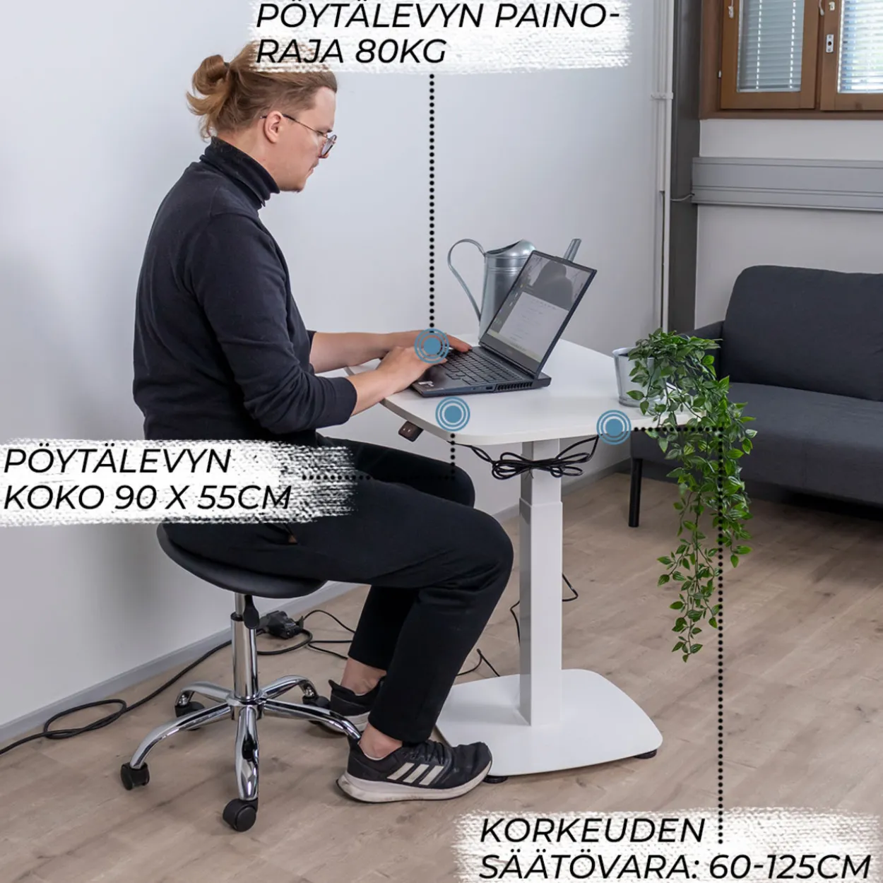 Sähköpöytä Lykke 90 x 55 cm L200 valkoinen