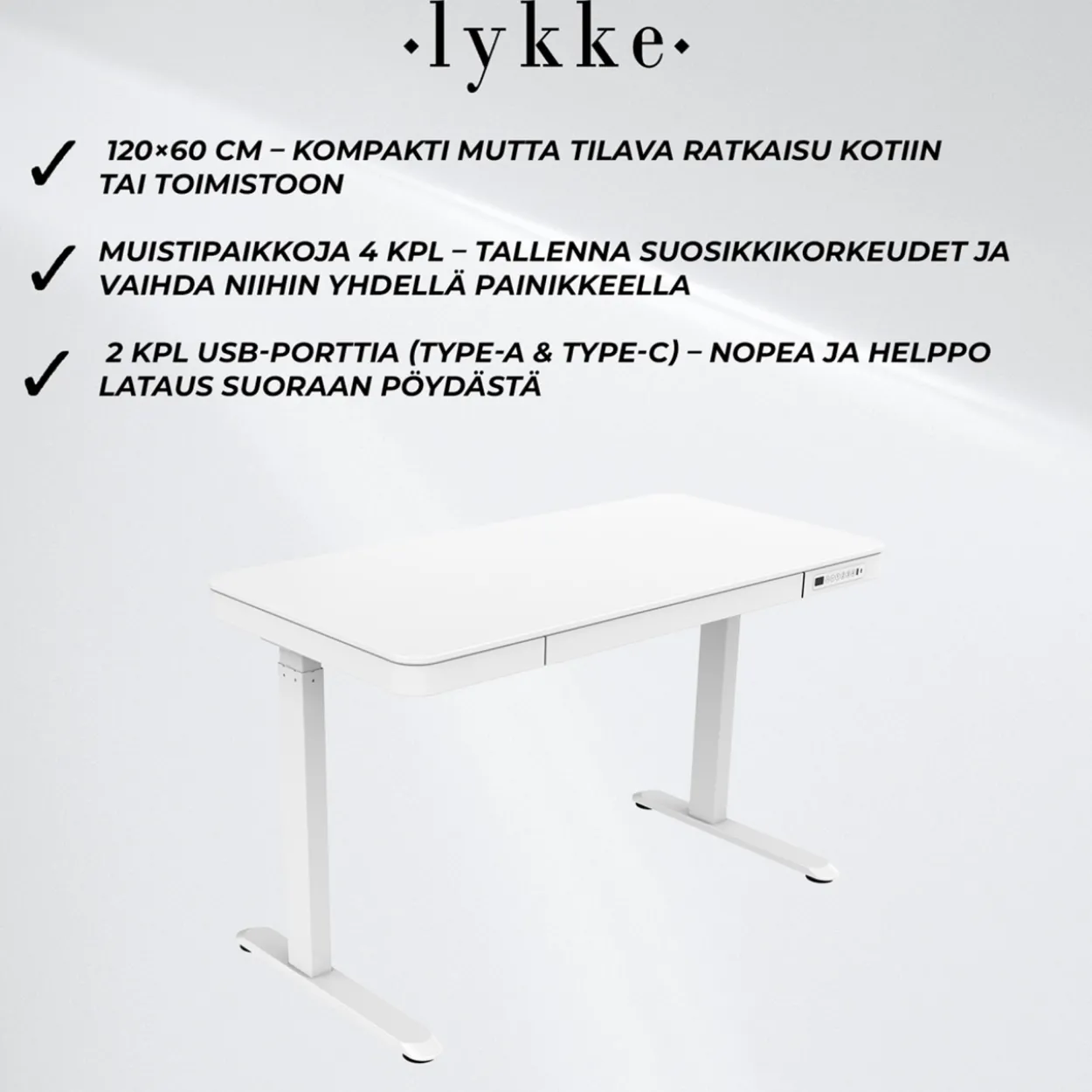 Sähköpöytä Lykke 120 x 60 cm Polar valkoinen