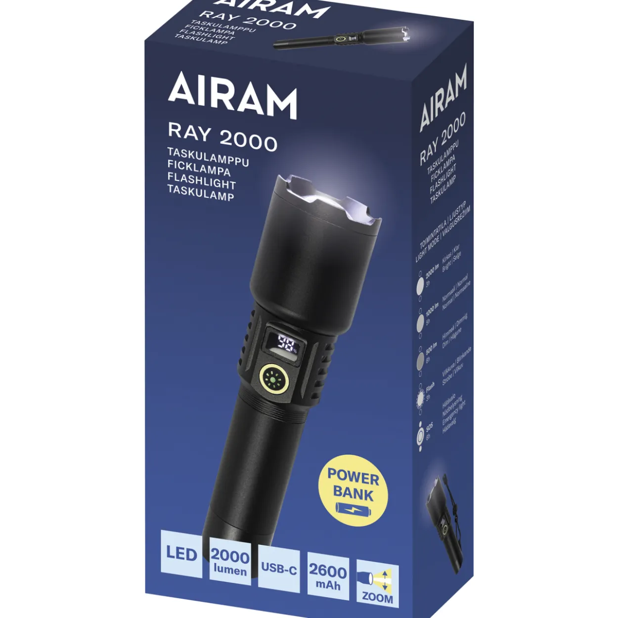 Taskulamppu Airam Ray 2000 USB-ladattava