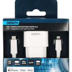 USB-verkkolaturi Energy+, 1 x USB-C PD 20 W + Lightning-kaapeli