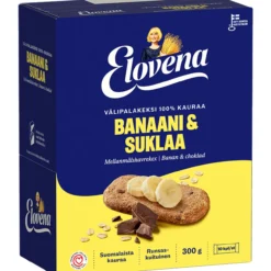 Välipalakeksi Elovena 10 x 30 g banaani-suklaa 100 % kauraa